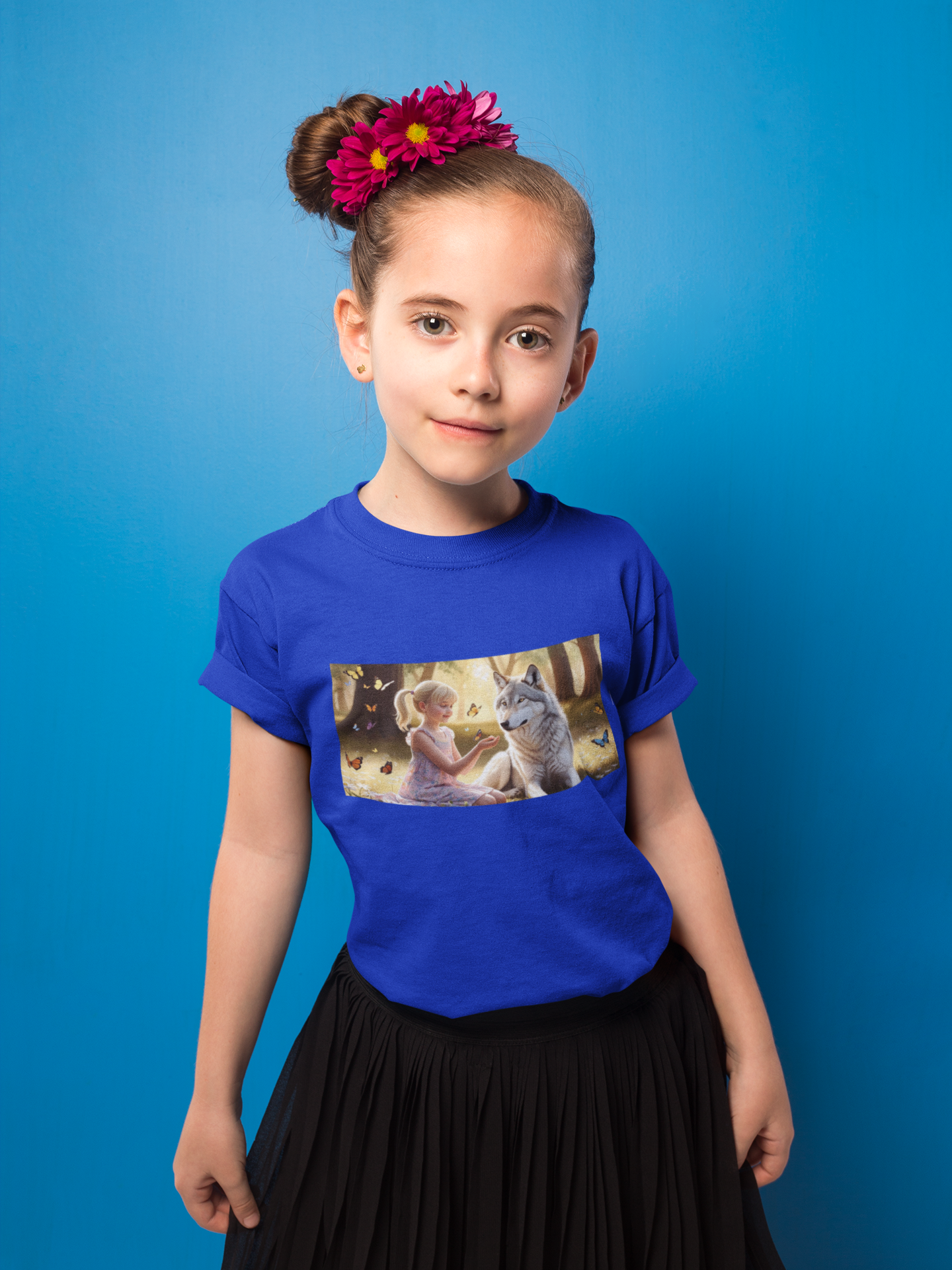 Kids Tee - Whimsical Girl and Wolf Design
